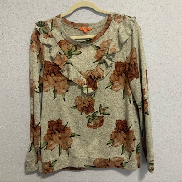 Modcloth Gray Ruffle Floral Long Sleeves Sweatshirt - Picture 1 of 6